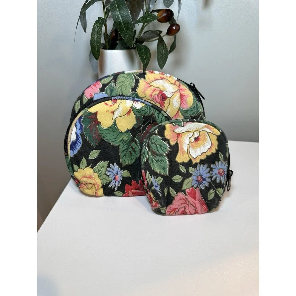 Vintage Quilted Floral Cosmetic Bag 3-Piece Set Travel Makeup Pouches